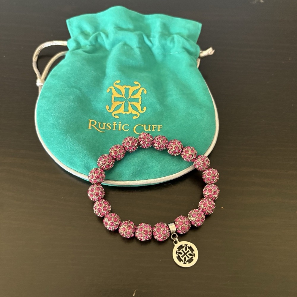 Rustic Cuff Pink Emerson Stretch Bracelet Sparkly‎ Beads Silvertone Logo Charm
